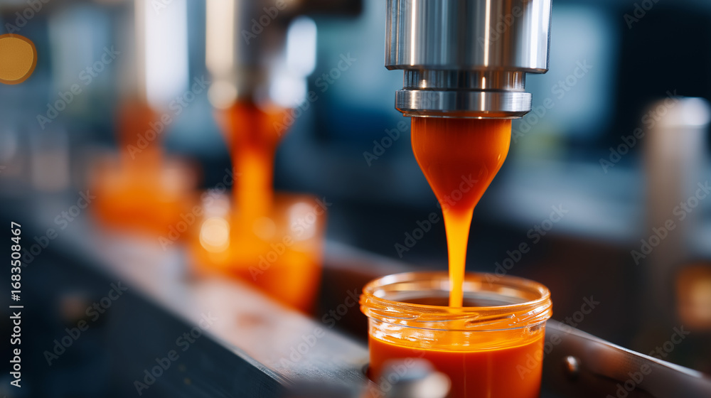 Poster automated orange pulp filling machine close up bright orange liquid flowing into containers with spl