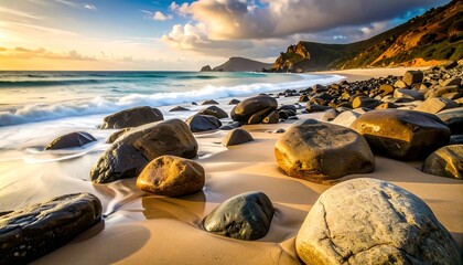 A tranquil beach scene at sunrise, showcasing large, smooth rocks on the golden sand, gently lapped by turquoise waves.