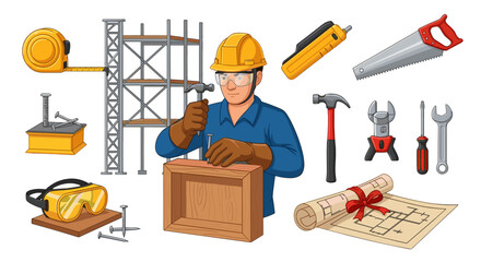 Illustration of a construction worker hammering a nail into wood surrounded by building tools and equipment
