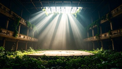 Overgrown Stage with Sun Beams Streaming Through the Roof in Theater