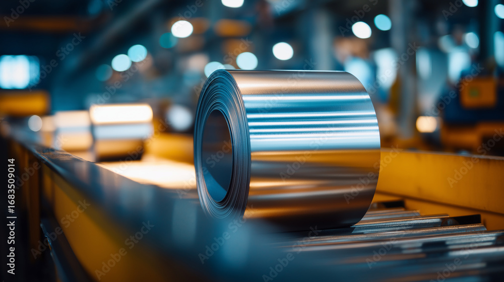 Poster industrial metal coils on automated conveyor system gleaming edges catching ambient light with shiny