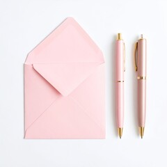 Pastel pink envelope and pens on white background