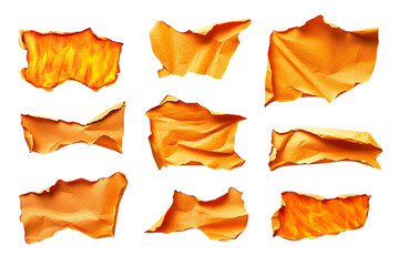Abstract fiery torn paper pieces set glowing orange and yellow textures isolated
