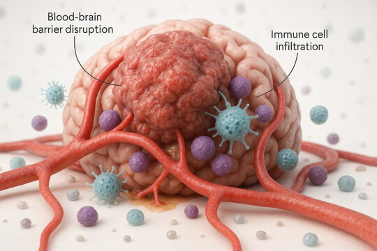 Brain tumor with immune cell infiltration and blood-brain barrier disruption - Illustration