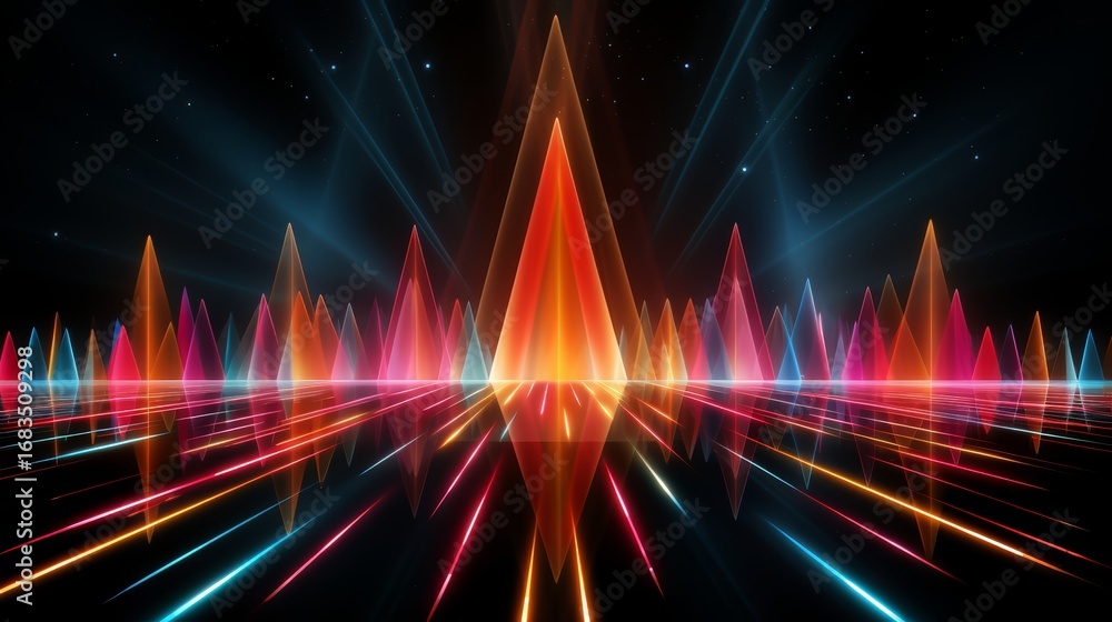 Poster colorful, multi-colored, and abstract image of a tree with a red tip. the image is a representation 