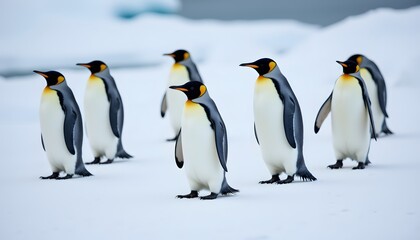 Fototapeta premium The penguins, with their black and white feathers glistening in the sunlight, waddle gracefully across the icy terrain