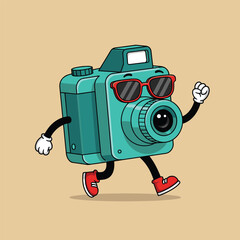 Fototapeta premium Cartoon groovy photo camera retro character. Isolated vector funky, hippie style photocamera personage adorned with vibrant daisy flowers, stars and playful smile push shooting button to make snapshot