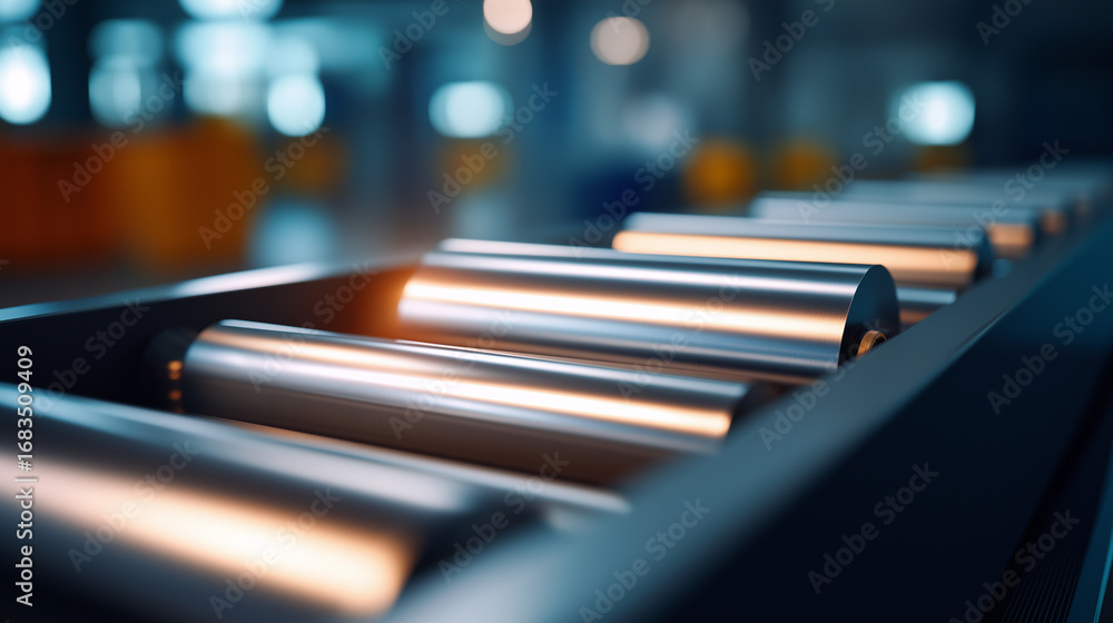 Poster industrial metal coils on automated conveyor system gleaming edges catching ambient light with shiny