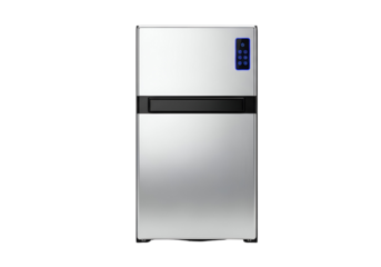 A sleek, modern ice maker, showcasing a stainless steel exterior and a digital control panel.