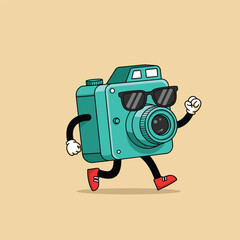 Fototapeta premium Cartoon groovy photo camera retro character. Isolated vector funky, hippie style photocamera personage adorned with vibrant daisy flowers, stars and playful smile push shooting button to make snapshot