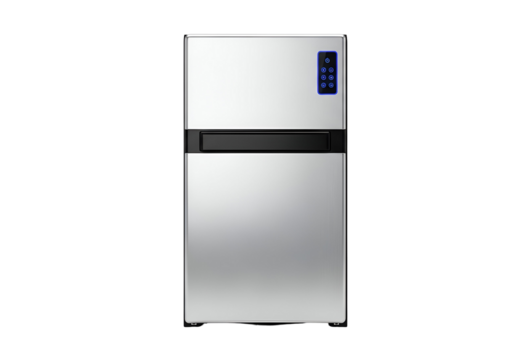 A sleek, modern ice maker, showcasing a stainless steel exterior and a digital control panel.