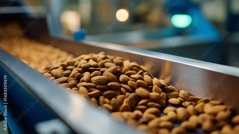 Poster cinematic close up of almonds moving through conveyor belts rotating drums separating shells with me