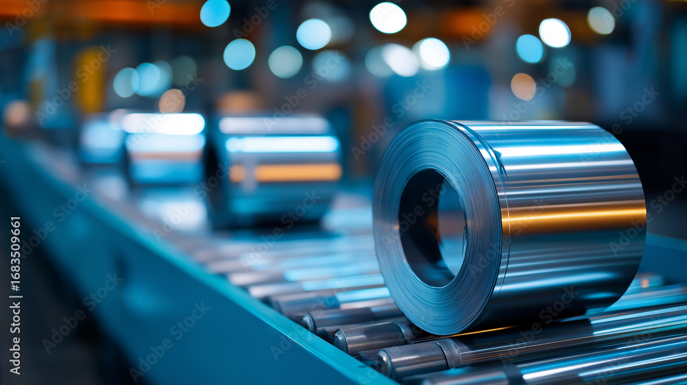 Poster industrial metal coils on automated conveyor system gleaming edges catching ambient light with shiny