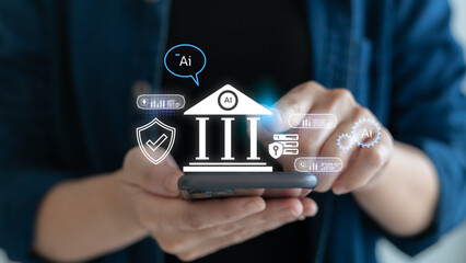 Businessman using smartphone with hologram showing AI banking system, fintech, cybersecurity, and digital finance. Concept of artificial intelligence in business technology 