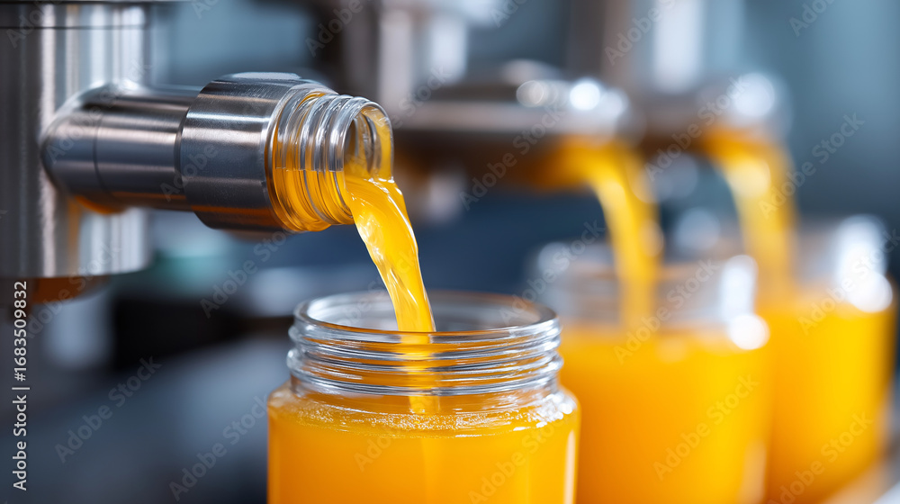 Poster automated orange pulp filling machine close up bright orange liquid flowing into containers with spl