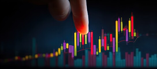 Finger interacting with vibrant stock market charts