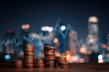 Stacks of coins forming a graph against a blurred city skyline at night