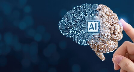 A hand touches a brain graphic overlaid with circuit board design and AI label
