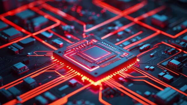 Glowing red computer microchip on electronic circuit board with neon connections, advanced semiconductor processor, and modern digital design