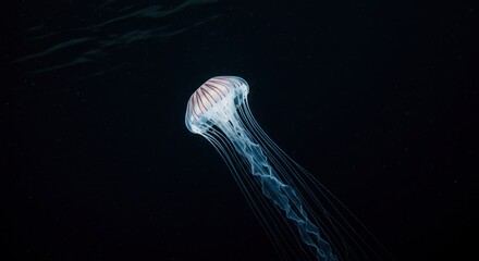 A translucent jellyfish, radiating gentle bioluminescence with red striations, drifts in the black abyss, its delicate tentacles trailing