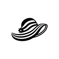 Black and white striped wide brim hat with flower detail on white background fashion accessory