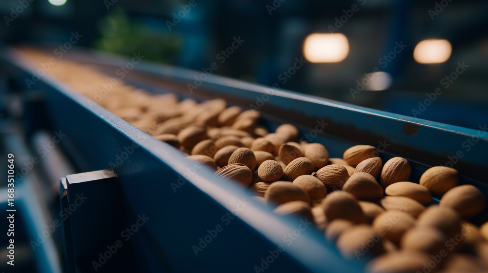 Poster cinematic close up of almonds moving through conveyor belts rotating drums separating shells with me