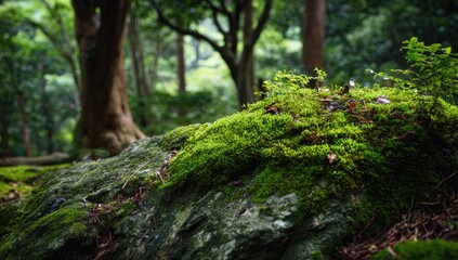 Lush mossy rock outcrop in a dense forest