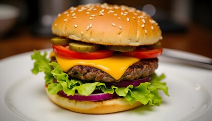 The mouthwatering cheeseburger is perfectly stacked with a juicy patty, melted cheese, crispy lettuce, ripe tomatoes, tangy pickles, and a toasted sesame seed bun