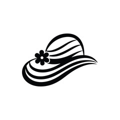 Black silhouette of a wide-brimmed hat with a flower accent on a white background fashion accessory