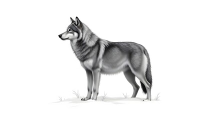 Fototapeta premium A detailed black and grey illustration of a majestic wolf standing proudly on a snowy white background, conveying a sense of strength, intelligence, and wild beauty.
