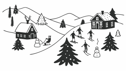 Obraz premium People skiing in a snowy winter landscape with mountain cabins and pine trees in this whimsical black and white line art drawing.