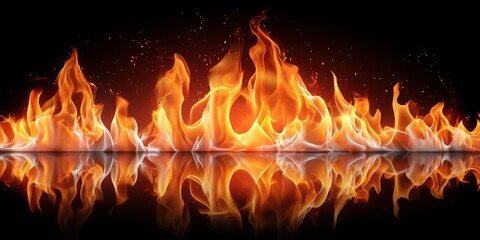 Vivid flames reflecting on black surface with intense heat and energy