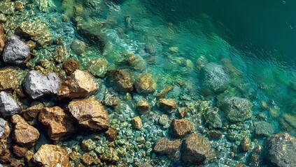 Obraz premium Clear transparent water surface with visible rocks on the bottom, sunlight reflections through ripples creating a vibrant natural aerial perspective