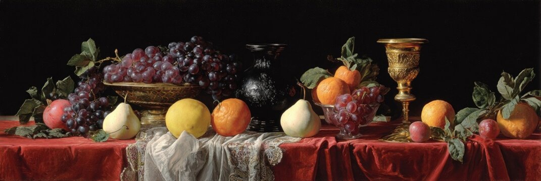 Still life of fruits and vessels on a red cloth - Powered by Adobe