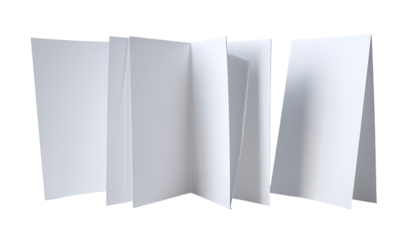 Multiple blank brochures or booklets fanned open, showing white paper