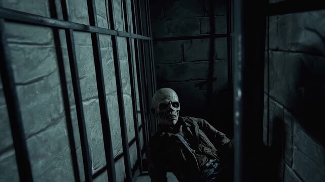 A creepy skeleton sits in a dark, abandoned jail cell. Cold stone walls and metal bars enhance the chilling horror atmosphere, evoking feelings of fear, mystery, and suspense within the haunted prison