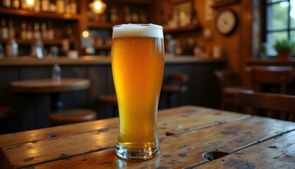 The golden yellow beer sits in a glass, with a frothy white foam on top, placed on a weathered wooden table in a cozy and inviting rustic beer pub setting.