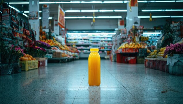 Orange juice bottle in a supermarket aisle (1) - Powered by Adobe