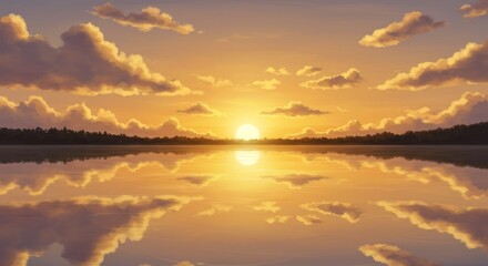 Naklejka premium Golden sunset over a still lake, showcasing mirrored clouds and a vibrant sun.