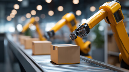 Automated Robotic Arms Placing Packages onto Fast Moving Conveyor Belts Vibrant LED Lighting and Digital Interfaces Tracking Items with Screens and Data Logistics Hub Efficiency