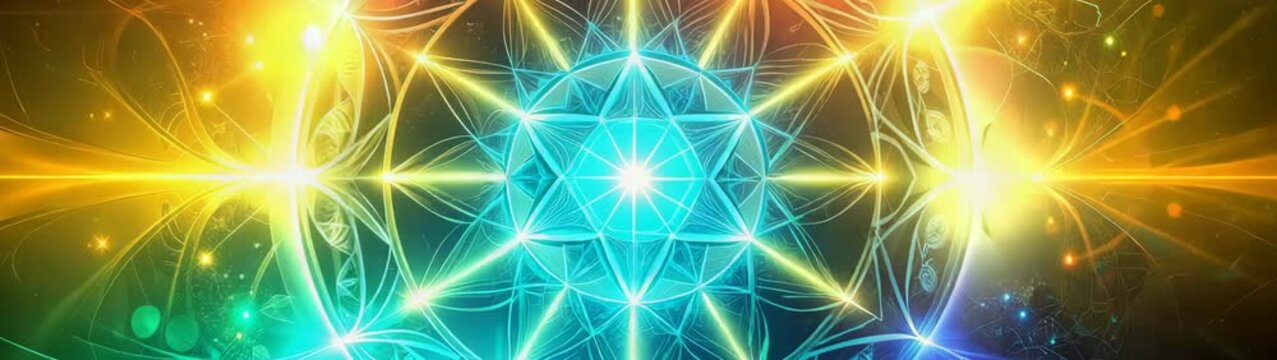 Heart chakra radiating bright green light and connecting to other chakras, promoting balance and well being.