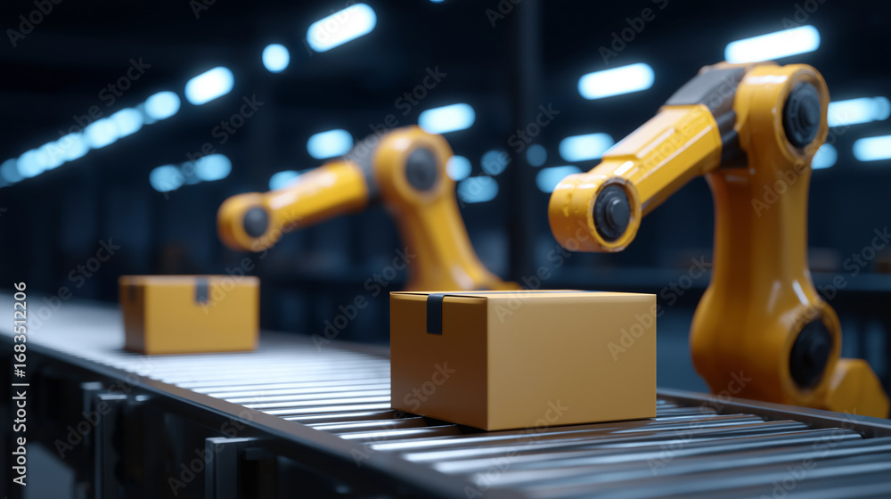 Poster automated robotic arms placing packages onto fast moving conveyor belts vibrant led lighting and dig