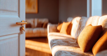 Sunlight streams into a room through an open door, showcasing a plush couch and decorative pillows