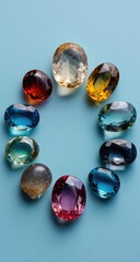 Oval gemstones arranged in a circle on a light-blue surface.  Variety of colors.  High-contrast