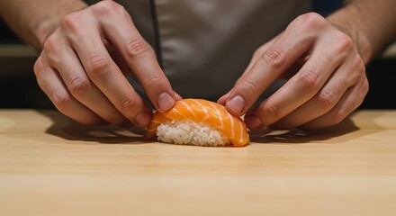 Chef's hands making fresh salmon sushi.

