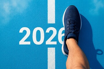 Runner foot on blue track with 2026 number, symbolizing future goals, progress, motivation and success