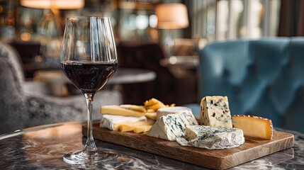 Wine and cheese board in a stylish lounge