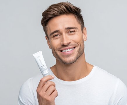 A man smiles brightly, holding a white cosmetic tube against a neutral background.
