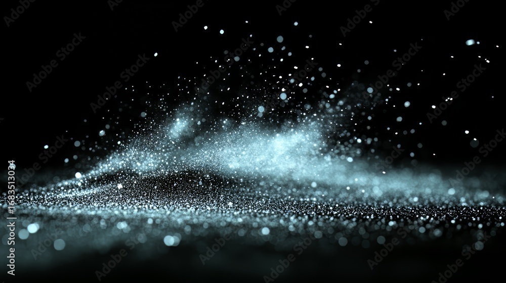 Poster dark background with a lot of blue and white sparkles. the sparkles are scattered all over the backg