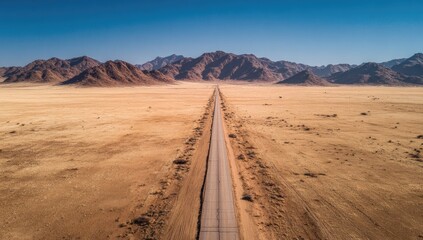 Fototapeta premium Empty road stretching into a vast, arid landscape under a vibrant blue sky